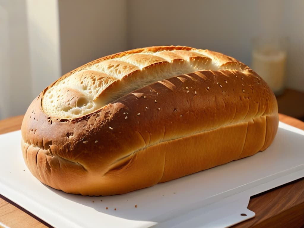  A photorealistic image of a crosssection of a perfectly baked loaf of artisan sourdough bread, showcasing its intricate air pockets and chewy, elastic crumb texture. The golden crust glistens under warm lighting, emphasizing the craftsmanship and skill that goes into creating the ideal final texture through the fermentation process. The background is softly blurred, drawing the viewer's eye to the tantalizing details of the bread's interior. hyperrealistic, full body, detailed clothing, highly detailed, cinematic lighting, stunningly beautiful, intricate, sharp focus, f/1. 8, 85mm, (centered image composition), (professionally color graded), ((bright soft diffused light)), volumetric fog, trending on instagram, trending on tumblr, HDR 4K, 8K