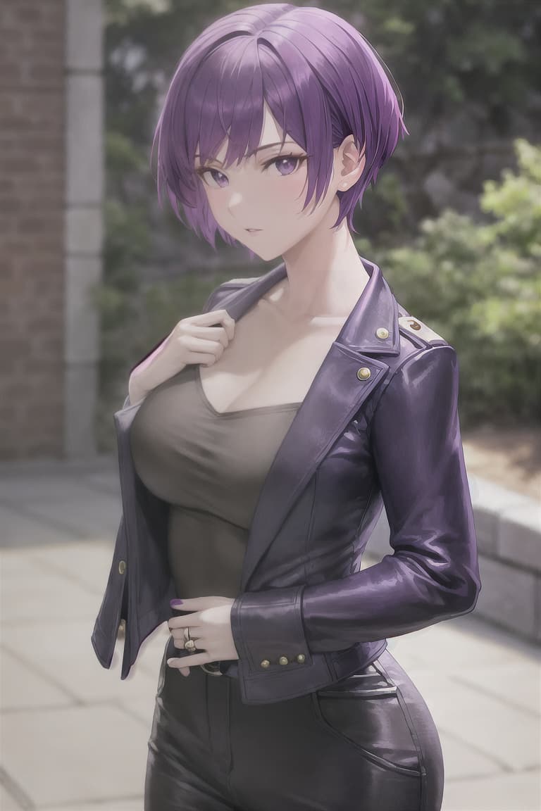  master piece , best quality,Purple hair, short hair, military, spy, adult female, cool beauty, magic ring