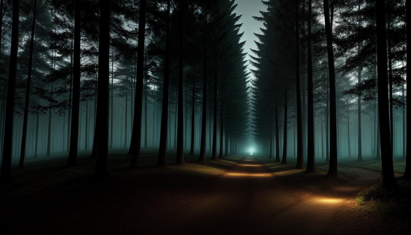  digital illustration, A bright path leading through a dark forest towards a glowing, welcoming light at the end, forest depicted with tall, dark trees, deep shadows, path illuminated, hopeful, looking at viewer, dynamic pose, (intricate details, masterpiece, best quality)