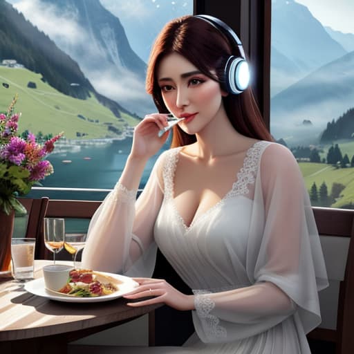  A gorgeous woman listening to music while eating breakfast with beautiful view in the province of switzerland hyperrealistic, full body, detailed clothing, highly detailed, cinematic lighting, stunningly beautiful, intricate, sharp focus, f/1. 8, 85mm, (centered image composition), (professionally color graded), ((bright soft diffused light)), volumetric fog, trending on instagram, trending on tumblr, HDR 4K, 8K