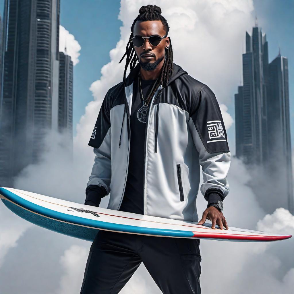  Create a logo for a clothing company named 'Cloud City Concepts'. The logo should depict a black male with dreadlocks riding a surfboard through clouds and approaching a futuristic city also situated in the clouds. The design should be appropriate for a clothing brand, capturing a sense of fashion, adventure, and futuristic style. Include the company name 'Cloud City Concepts' within the logo in a legible and stylish font. hyperrealistic, full body, detailed clothing, highly detailed, cinematic lighting, stunningly beautiful, intricate, sharp focus, f/1. 8, 85mm, (centered image composition), (professionally color graded), ((bright soft diffused light)), volumetric fog, trending on instagram, trending on tumblr, HDR 4K, 8K