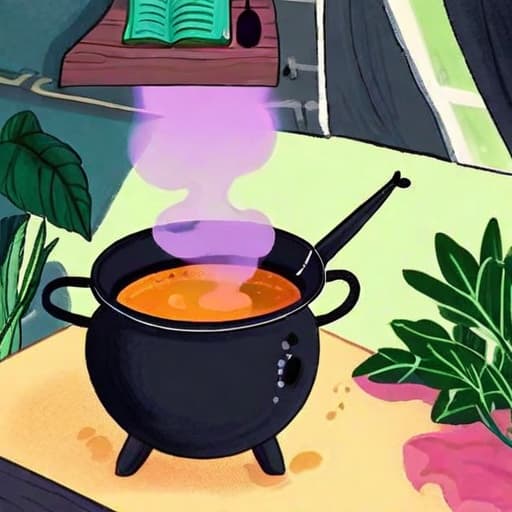  watercolor, storybook, child-book, A big cauldron simmering with a bubbling purple potion in a cozy room, herbs and spell books around, best quality, very detailed, high resolution, sharp, sharp image hyperrealistic, full body, detailed clothing, highly detailed, cinematic lighting, stunningly beautiful, intricate, sharp focus, f/1. 8, 85mm, (centered image composition), (professionally color graded), ((bright soft diffused light)), volumetric fog, trending on instagram, trending on tumblr, HDR 4K, 8K