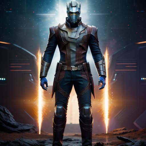  Guardians of the Galaxy, Star Lord hyperrealistic, full body, detailed clothing, highly detailed, cinematic lighting, stunningly beautiful, intricate, sharp focus, f/1. 8, 85mm, (centered image composition), (professionally color graded), ((bright soft diffused light)), volumetric fog, trending on instagram, trending on tumblr, HDR 4K, 8K