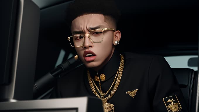  masterpiece, best quality, young rapper with angry expression wearing expensive gunglasses