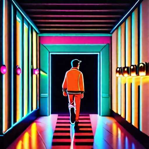 a dog A stylish young GenZ man in Retro fashion outfit walking out of retro closet, Neon lighting, Pixar 3d design, 3D animation, unreal engine, epic lighting, 3D, in the style of rhads, disney animation, 32k uhd