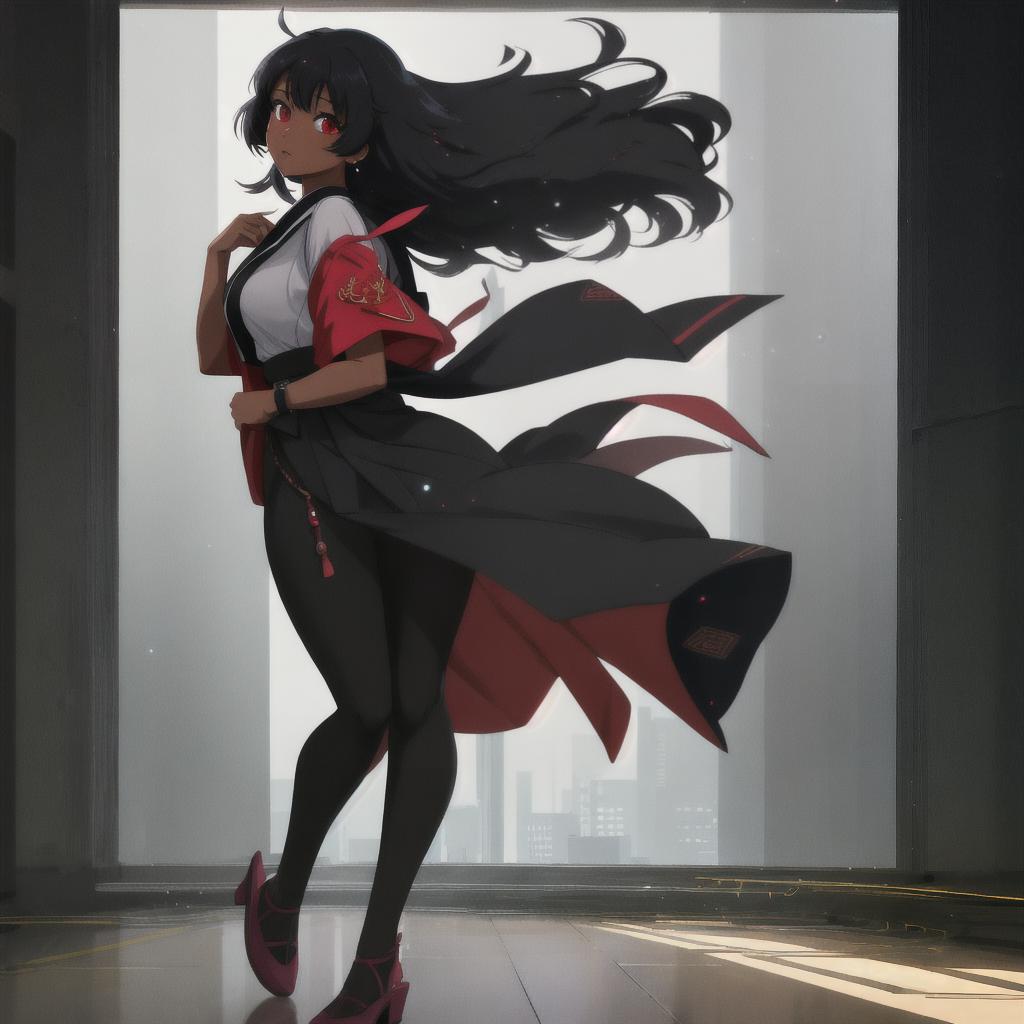  [Mrs. Libby],[Must Only one character] [anime background] [anime] [japan anime style] [2D image] [2D anime], [a anime woman, black skin, black/afro ethnicity, olds, athletic body, red eyes, straight hair style, hair, small s], [nfws, ,, full body image], [best quality, 16k image] hyperrealistic, full body, detailed clothing, highly detailed, cinematic lighting, stunningly beautiful, intricate, sharp focus, f/1. 8, 85mm, (centered image composition), (professionally color graded), ((bright soft diffused light)), volumetric fog, trending on instagram, trending on tumblr, HDR 4K, 8K