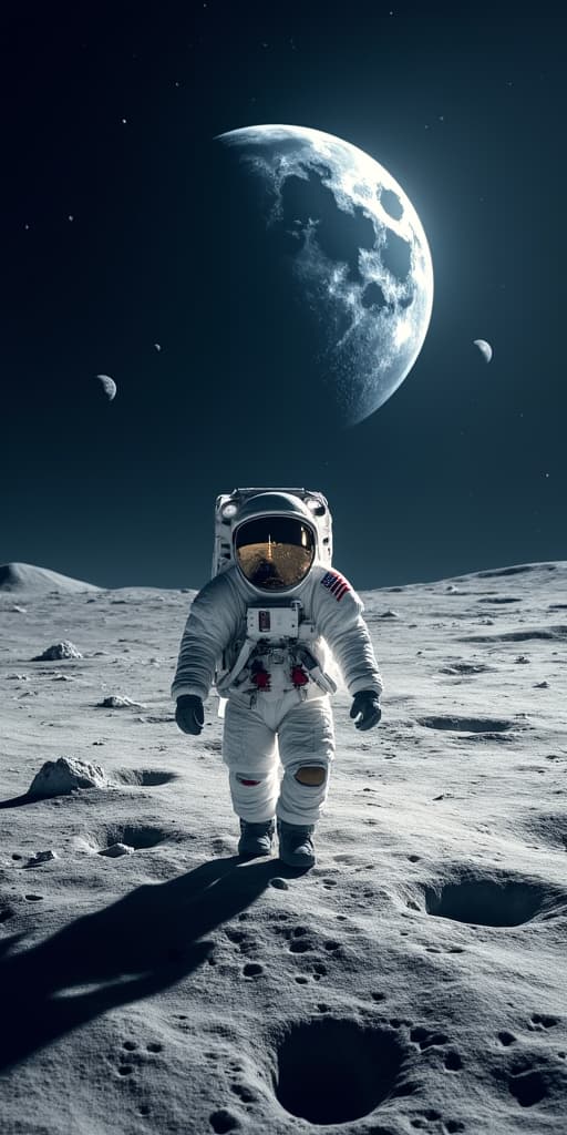  good quality, high quality, space conquest and back to the moon race concept image with an astronaut walking on the moon and view of the earth in background