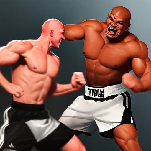  masterpiece, best quality,Digital portrait of an anger muscular Mike Tyson with a bald head, in black shorts. fighting a laughing muscular Muhammad Ali with white shorts, full body, A tech background.,