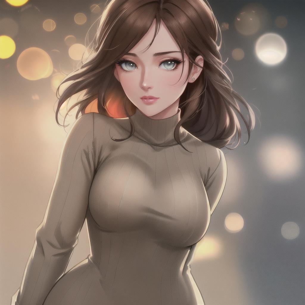  Young Disney socialite in beige mini, dark brown turtleneck jumper with small neckline, lovely delicate face, anime illustration, realistic shaded perfect face, brown hair, grey eyes, delicate details, WLOP matte print, 4K resolution, masterpiece,8K, RAW, best quality, masterpiece, ultra high res, colorful, (medium wide shot), (dynamic perspective), sharp focus , (depth of field, bokeh:1.3), ((masterpiece, best quality)) hyperrealistic, full body, detailed clothing, highly detailed, cinematic lighting, stunningly beautiful, intricate, sharp focus, f/1. 8, 85mm, (centered image composition), (professionally color graded), ((bright soft diffused light)), volumetric fog, trending on instagram, trending on tumblr, HDR 4K, 8K