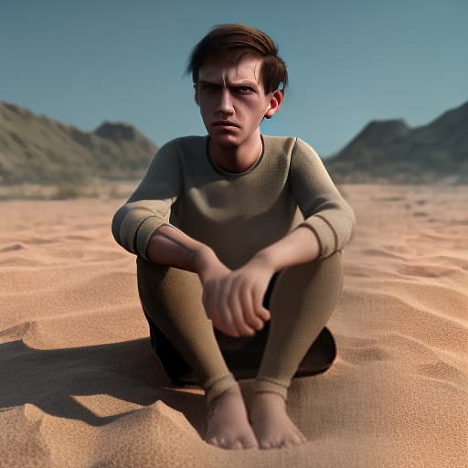 redshift style a miserable boy sit down on a sand and he has a sadly Face and bad clothes and bad hair