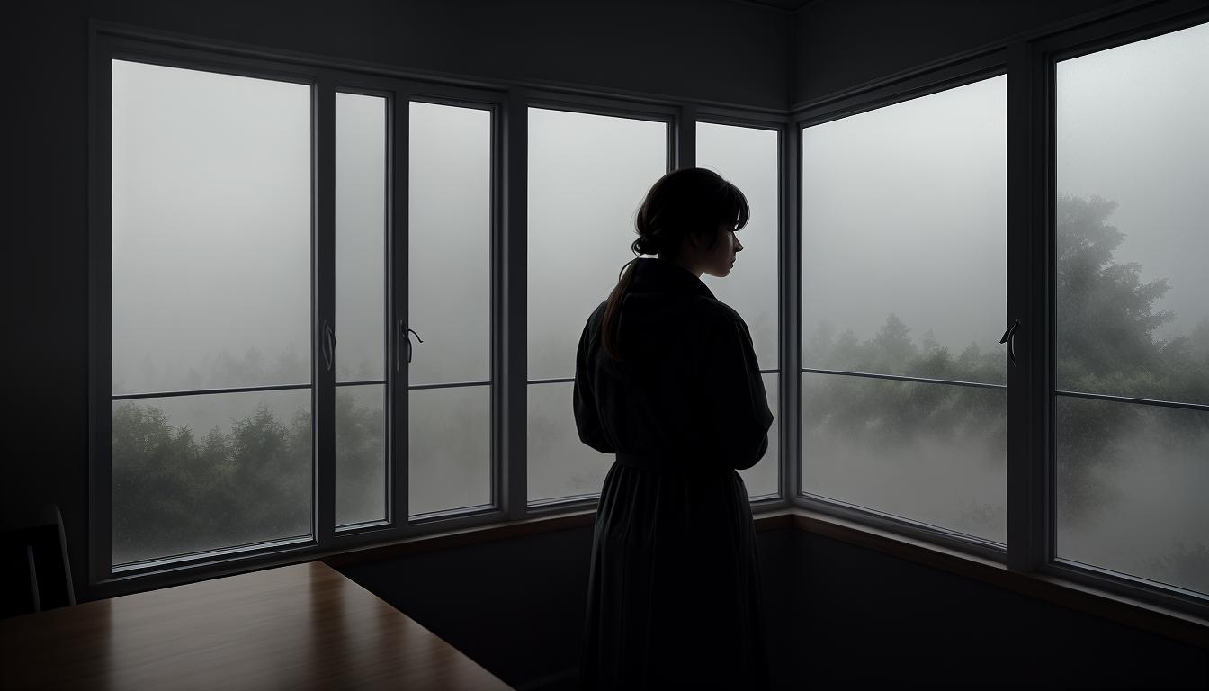  digital illustration, A woman alone at a window, looking out pensively, dull weather outside, melancholy atmosphere, shadowy interior suggesting isolation, looking at viewer, dynamic pose, (intricate details, masterpiece, best quality)