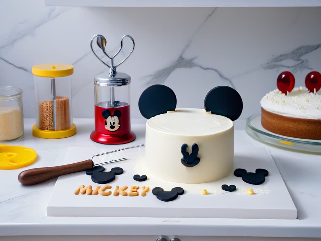  A highresolution, ultradetailed image of a classic Mickey Mousethemed baking set arranged neatly on a pristine white marble countertop. The set includes a rolling pin, cookie cutters shaped like Mickey's iconic ears, a whisk, and measuring spoons, all featuring the beloved character's silhouette in subtle, elegant designs. The natural light filtering through a nearby window casts soft shadows, enhancing the minimalist aesthetic of the scene. hyperrealistic, full body, detailed clothing, highly detailed, cinematic lighting, stunningly beautiful, intricate, sharp focus, f/1. 8, 85mm, (centered image composition), (professionally color graded), ((bright soft diffused light)), volumetric fog, trending on instagram, trending on tumblr, HDR 4K, 8K