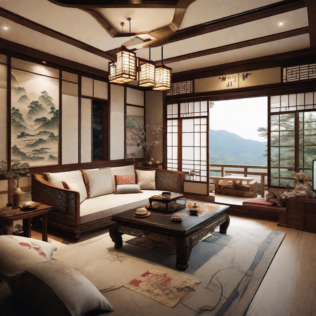  masterpiece, best quality,Japanese style living room with detailed interior decoration drawings,