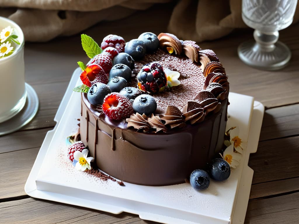  A closeup shot of a beautifully decorated glutenfree chocolate cake topped with fresh berries and edible flowers, displayed on a rustic wooden table with soft natural lighting filtering through a nearby window. The rich, moist cake is elegantly frosted with swirls of creamy frosting and dusted with cocoa powder, highlighting its luxurious texture and irresistible visual appeal. The vibrant colors of the berries and flowers create a stunning contrast against the dark chocolate cake, evoking a sense of indulgence and celebration. hyperrealistic, full body, detailed clothing, highly detailed, cinematic lighting, stunningly beautiful, intricate, sharp focus, f/1. 8, 85mm, (centered image composition), (professionally color graded), ((bright soft diffused light)), volumetric fog, trending on instagram, trending on tumblr, HDR 4K, 8K