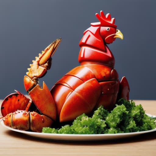  a chicken on top of a huge lobster