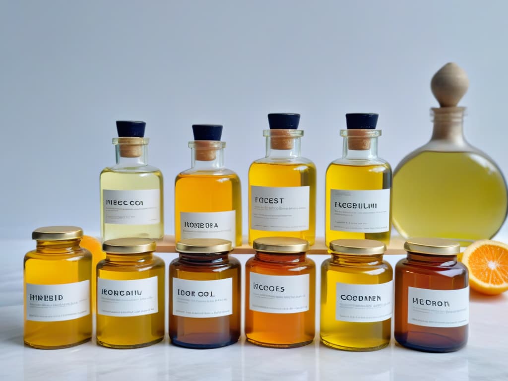  A minimalist and sleek image of an assortment of highquality baking oils neatly arranged on a marble countertop, featuring elegant glass bottles with golden labels catching the light, surrounded by fresh ingredients like vanilla beans, citrus fruits, and aromatic herbs. The focus is on the textures and colors of the oils, showcasing their premium quality and inspiring a sense of sophistication in baking. hyperrealistic, full body, detailed clothing, highly detailed, cinematic lighting, stunningly beautiful, intricate, sharp focus, f/1. 8, 85mm, (centered image composition), (professionally color graded), ((bright soft diffused light)), volumetric fog, trending on instagram, trending on tumblr, HDR 4K, 8K