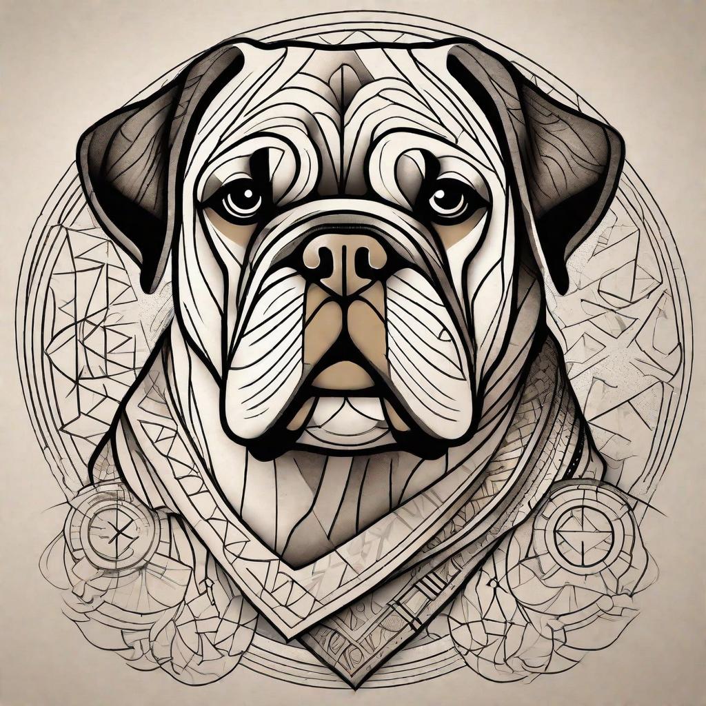  masterpiece, best quality, A minimalist interpretation of a pug portrait tattoo, with clean and precise lines forming the distinct features of the breed. The environment could be a dimly lit tattoo parlor, with the artist diligently working on the intricate design. The mood is focused and determined, reflecting the artist's dedication to capturing the essence of the pug through simple geometric shapes. The style is a mix of modern tattoo art and minimalist illustration. The lighting is dim, with a single spotlight illuminating the artist's hands and the tattooed skin. The realization is captured with a high-resolution camera, allowing the fine details of the geometric lines to be visible.