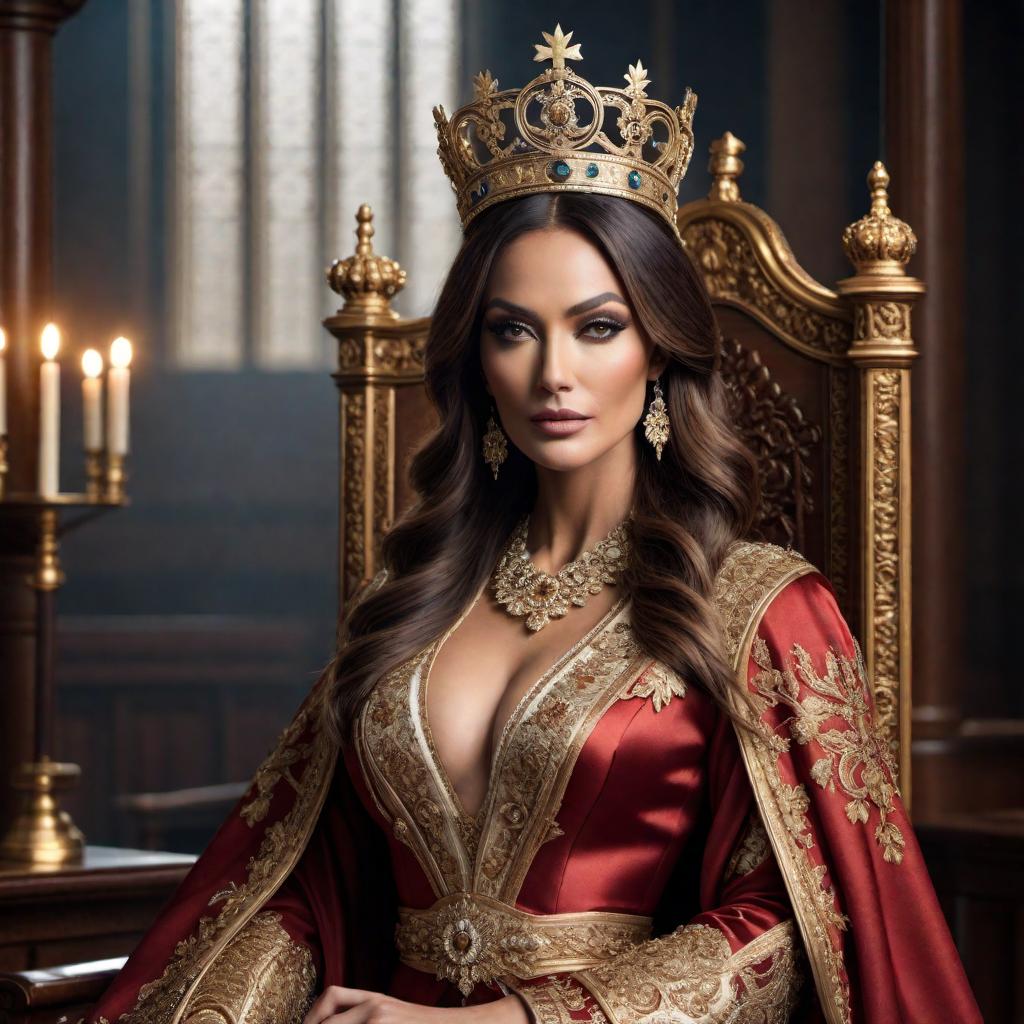  a queen in a royal courtroom, sitting on a throne, wearing a majestic crown and elegant robes, with symbols of power and regality hyperrealistic, full body, detailed clothing, highly detailed, cinematic lighting, stunningly beautiful, intricate, sharp focus, f/1. 8, 85mm, (centered image composition), (professionally color graded), ((bright soft diffused light)), volumetric fog, trending on instagram, trending on tumblr, HDR 4K, 8K