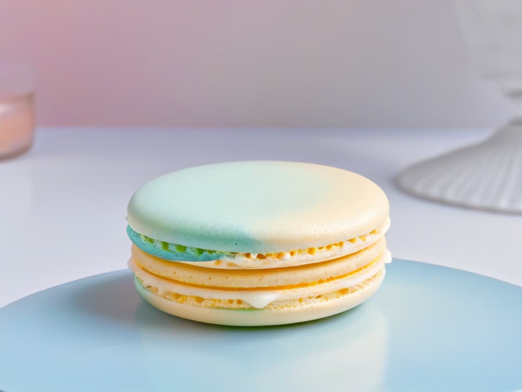  A closeup, ultradetailed image of a delicate, intricately designed glutenfree macaron, showcasing its smooth, glossy surface with a shimmering gradient of pastel colors, set against a simple, clean background to highlight its elegant details and evoke a sense of sophistication and indulgence. hyperrealistic, full body, detailed clothing, highly detailed, cinematic lighting, stunningly beautiful, intricate, sharp focus, f/1. 8, 85mm, (centered image composition), (professionally color graded), ((bright soft diffused light)), volumetric fog, trending on instagram, trending on tumblr, HDR 4K, 8K