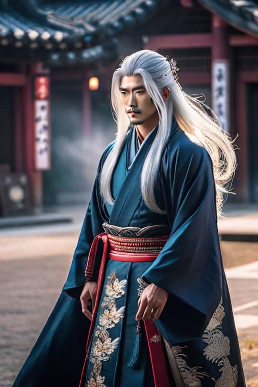  Handsome Japanese man with long white hair hyperrealistic, full body, detailed clothing, highly detailed, cinematic lighting, stunningly beautiful, intricate, sharp focus, f/1. 8, 85mm, (centered image composition), (professionally color graded), ((bright soft diffused light)), volumetric fog, trending on instagram, trending on tumblr, HDR 4K, 8K