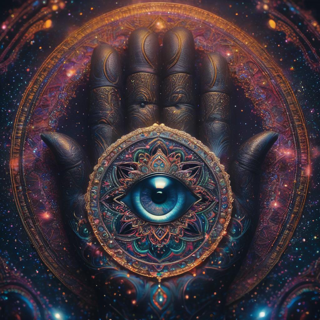  cinematic film still A Hamsa's hand with an eye in the middle, colorful mandala pattern background, in the style of andy scott, detailed patterns and designs, stars, vibrant colors, "Paint Color" theme, cosmic galaxy background with nebulae, bright color palette ar 64:113 . shallow depth of field, vignette, highly detailed, high budget, bokeh, cinemascope, moody, epic, gorgeous, film grain, grainy hyperrealistic, full body, detailed clothing, highly detailed, cinematic lighting, stunningly beautiful, intricate, sharp focus, f/1. 8, 85mm, (centered image composition), (professionally color graded), ((bright soft diffused light)), volumetric fog, trending on instagram, trending on tumblr, HDR 4K, 8K