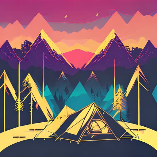 nvinkpunk Whimsical mountains with trees, camping tent and fire