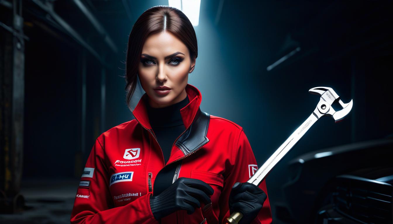  A girl in red with a wrench. [Note: This translation is not perfect as it is missing some context. In Russian, the term "гаечный ключ" (gaechniy kluch) is a common slang term for a larger wrench, specifically a type used for automotive work. However, it's worth noting that the English word "wrench" already conveys this meaning, so it may be more natural to just use that directly in the translation.] hyperrealistic, full body, detailed clothing, highly detailed, cinematic lighting, stunningly beautiful, intricate, sharp focus, f/1. 8, 85mm, (centered image composition), (professionally color graded), ((bright soft diffused light)), volumetric fog, trending on instagram, trending on tumblr, HDR 4K, 8K