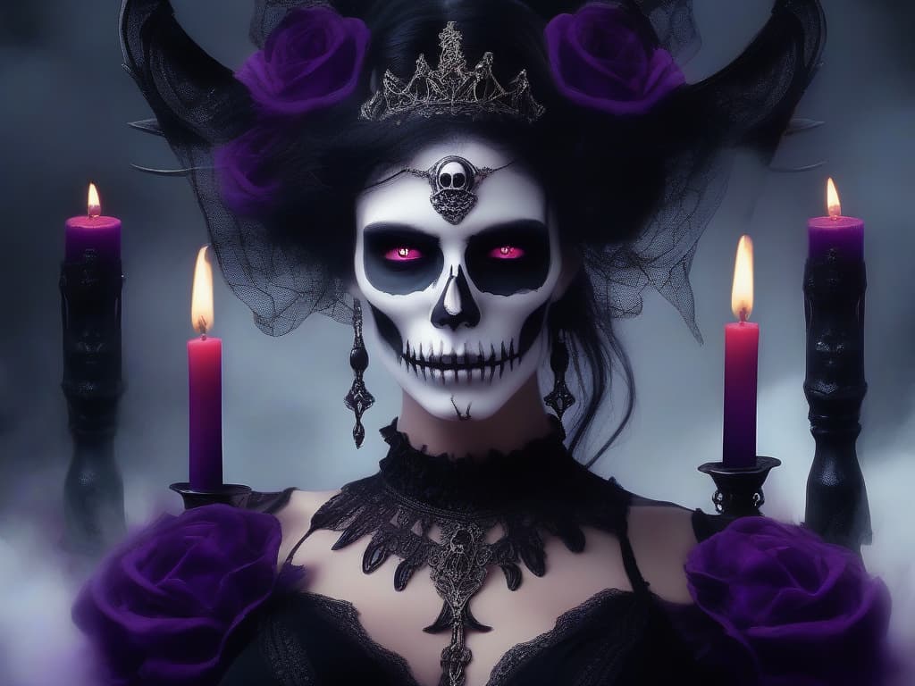  Goddess of Death, beautiful face, black dress, frills, purple neckline, black candles, fog, high detail, skull necklace