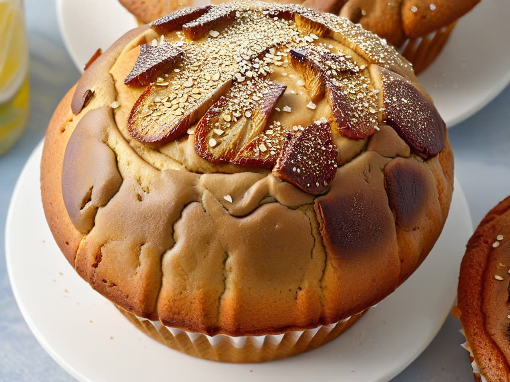  A closeup, ultradetailed image of goldenbrown flaxseed sprinkled elegantly over a freshly baked golden flaxseed muffin, highlighting the texture and intricate patterns of the seeds against the warm, inviting hues of the muffin. hyperrealistic, full body, detailed clothing, highly detailed, cinematic lighting, stunningly beautiful, intricate, sharp focus, f/1. 8, 85mm, (centered image composition), (professionally color graded), ((bright soft diffused light)), volumetric fog, trending on instagram, trending on tumblr, HDR 4K, 8K