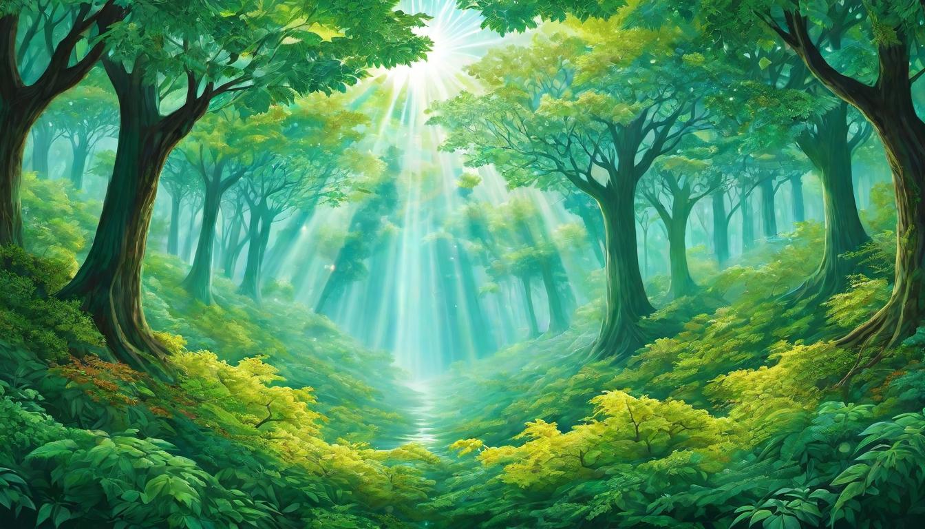  digital illustration A canopy of trees with leaves shimmering in ethereal light, each leaf a different color, representing a world of spiritual beings, interconnectedness, spiritual awakening, community of souls, luminescent unity looking at viewer, dynamic pose, (intricate details, masterpiece, best quality)