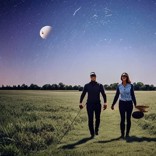  man and woman walking together through mushrooms under the stars during an eclipse