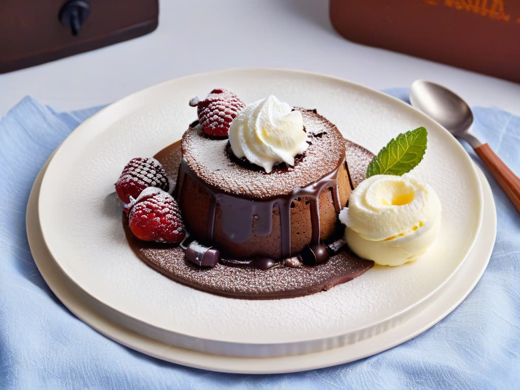  A photorealistic image of a decadent chocolate lava cake dusted with powdered sugar, served warm with a scoop of vanilla ice cream melting on top. The cake is oozing rich, molten chocolate from the center, surrounded by fresh raspberries and mint leaves for garnish. The dessert is presented on a sleek white plate, set against a dark, textured background to enhance the contrast and highlight the indulgent nature of the dish. hyperrealistic, full body, detailed clothing, highly detailed, cinematic lighting, stunningly beautiful, intricate, sharp focus, f/1. 8, 85mm, (centered image composition), (professionally color graded), ((bright soft diffused light)), volumetric fog, trending on instagram, trending on tumblr, HDR 4K, 8K