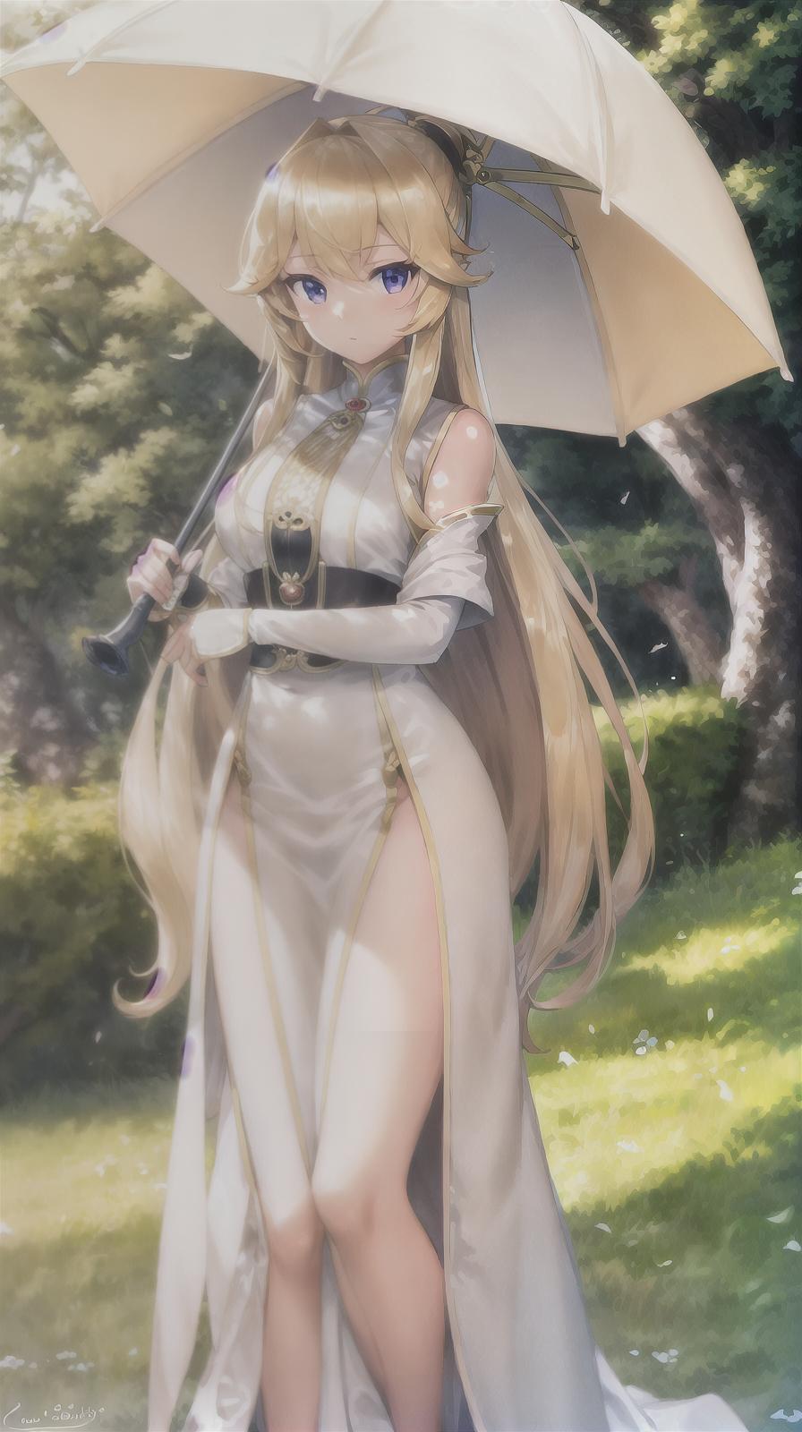  master piece , best quality,Blonde, long hair, female, parasol