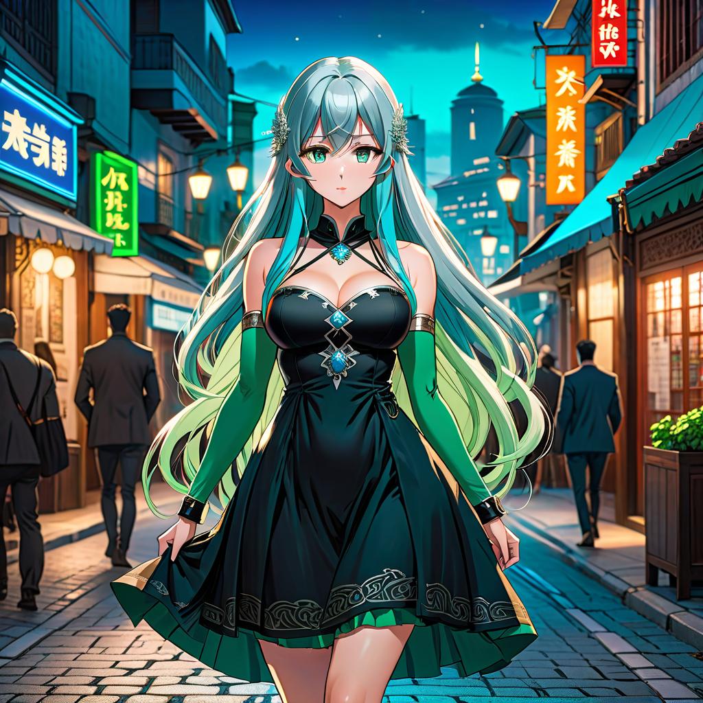  manga style A girl with long hair. Her hair is half blue, half green, and her eyes are green. She has a Greek nose, wearing a black dress and silver accessories. Behind her, a night city. . vibrant, high energy, detailed, iconic, Japanese comic style hyperrealistic, full body, detailed clothing, highly detailed, cinematic lighting, stunningly beautiful, intricate, sharp focus, f/1. 8, 85mm, (centered image composition), (professionally color graded), ((bright soft diffused light)), volumetric fog, trending on instagram, trending on tumblr, HDR 4K, 8K