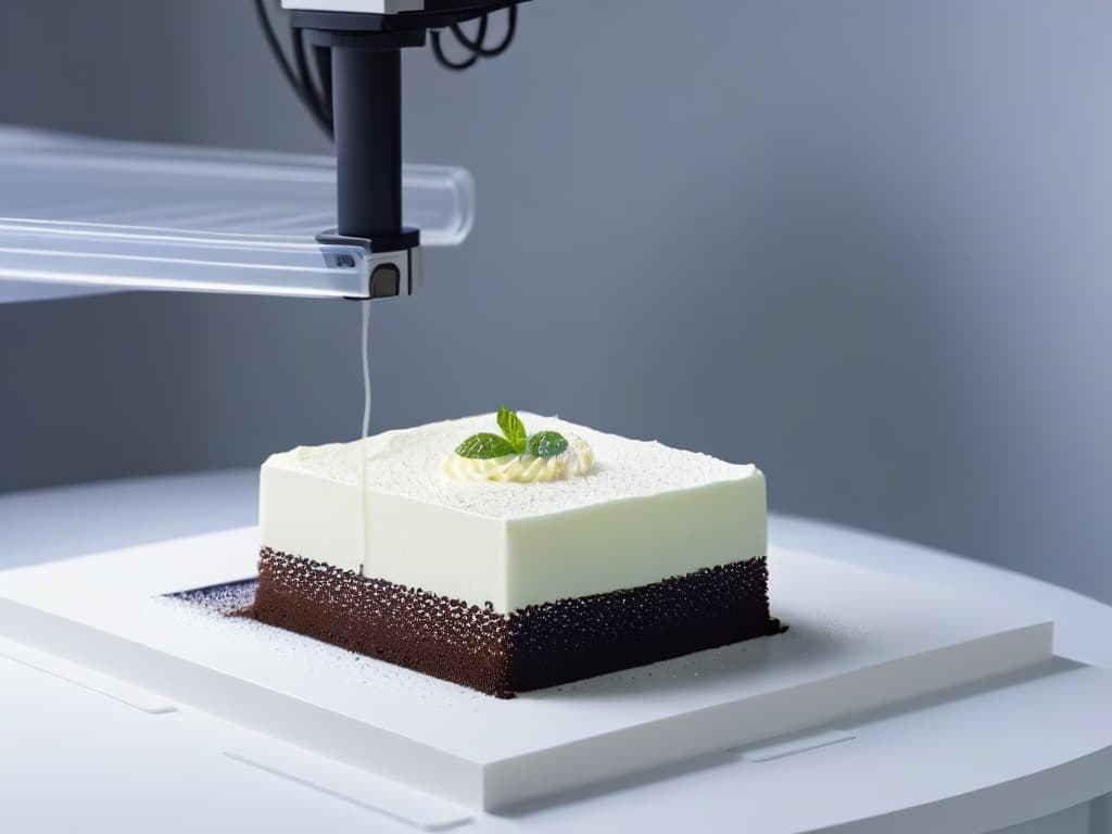  A highresolution, ultradetailed image of a futuristic 3D printer creating intricate and delicate dessert designs using biodegradable materials, set against a sleek, minimalistic background. The printer is in action, meticulously layering the materials to form a stunning and sustainable dessert masterpiece, showcasing the innovative technology and ecofriendly approach to culinary creations. hyperrealistic, full body, detailed clothing, highly detailed, cinematic lighting, stunningly beautiful, intricate, sharp focus, f/1. 8, 85mm, (centered image composition), (professionally color graded), ((bright soft diffused light)), volumetric fog, trending on instagram, trending on tumblr, HDR 4K, 8K