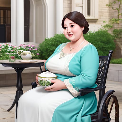  A beautiful woman, slightly fat, white skin, very cute, holding her son in the courtyard drinking tea,