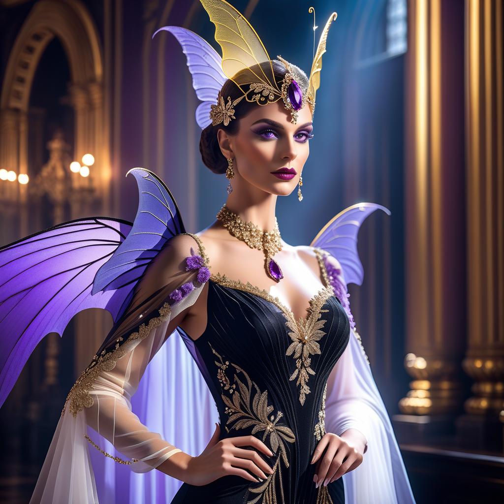  Art Deco style (Interior):An ancient ballroom with baroque columns. A girl close up. (Half mask Columbine) mask, covering only part of the face. Decorations of the mask: with patterned ornament in the form of butterfly wings colour: black, gold, purple, lilac, feathers, gold leaf, precious stones, Venetian lace, rhinestones, beads. (Dress) the bat style is incomparable an unattached, loose and very open dress of translucent fabric with a high slit, all in sequins; a transparent mantle attached to the shoulders, really resembling bat wings, and a magnificent headpiece with ostrich feathers. Translated with DeepL.com (free version) . geometric shapes, bold colors, luxurious, elegant, decorative, symmetrical, ornate, detailed hyperrealistic, full body, detailed clothing, highly detailed, cinematic lighting, stunningly beautiful, intricate, sharp focus, f/1. 8, 85mm, (centered image composition), (professionally color graded), ((bright soft diffused light)), volumetric fog, trending on instagram, trending on tumblr, HDR 4K, 8K