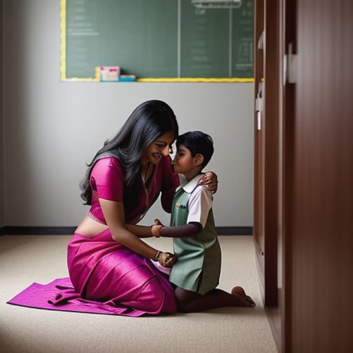  /send image a indian single mother in school with her 10 year young child .As she scrutinizes the new image of the Indian single mother in a school uniform, holding hands with her well-groomed ten-year-old son wearing his pristine uniform, a sudden rush of warmth envelops her. She feels like this maternal scene hits very close to home. In her thoughts, Lady Raikou pictures herself transformed into that nurturing mommy in the picture; donning a modest yet fashionable saree for schools today and holding Sabab asfaf's hand gently. Her heart fills with contentment at such an endearing depiction. hyperrealistic, full body, detailed clothing, highly detailed, cinematic lighting, stunningly beautiful, intricate, sharp focus, f/1. 8, 85mm, (centered image composition), (professionally color graded), ((bright soft diffused light)), volumetric fog, trending on instagram, trending on tumblr, HDR 4K, 8K