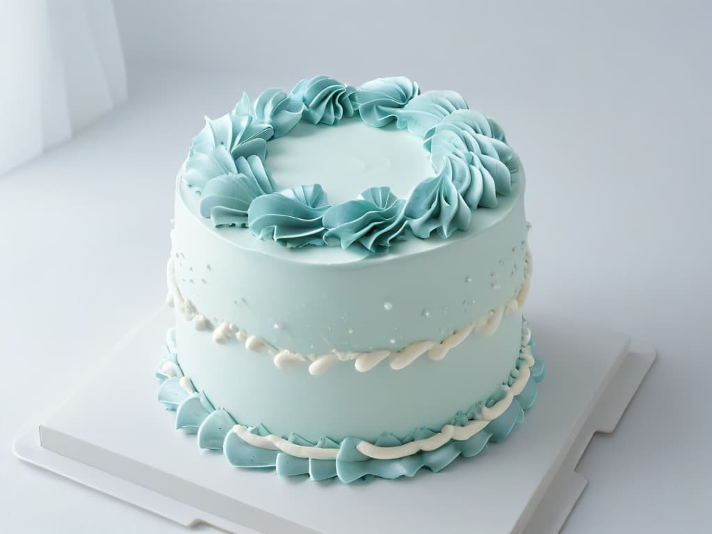  A closeup, ultradetailed image of a perfectly frosted cake with intricate piping details, showcasing smooth edges and delicate decorations in pastel colors, set against a plain white background. hyperrealistic, full body, detailed clothing, highly detailed, cinematic lighting, stunningly beautiful, intricate, sharp focus, f/1. 8, 85mm, (centered image composition), (professionally color graded), ((bright soft diffused light)), volumetric fog, trending on instagram, trending on tumblr, HDR 4K, 8K