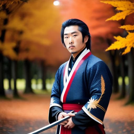 modelshoot style portrait a handsome Musashi Miyamoto with two ⚔️ as X (focus), detailed eyes, perfect face, complete body parts. Focus on the face, full body and swords. Put a background of full moon and 🍁 🍁 🍁 🍁 floating in the air unreal high quality.