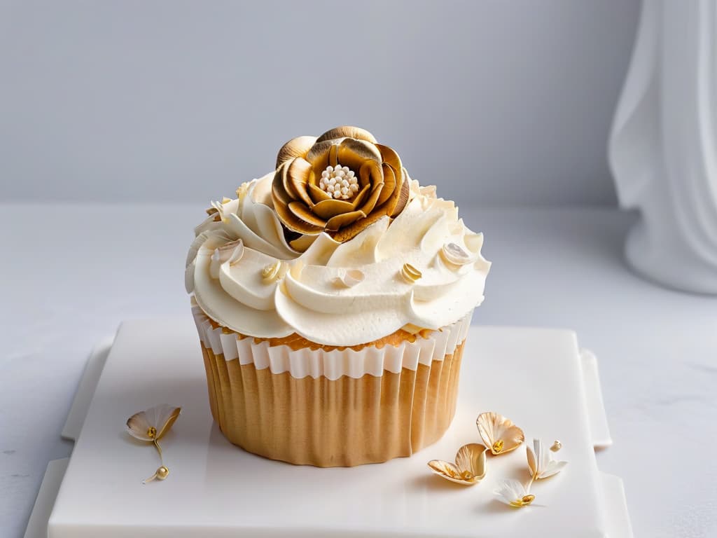  A minimalist image of a beautifully decorated cupcake with intricate frosting designs in pastel colors, sitting on a clean, white marble countertop. The cupcake is adorned with delicate sugar flowers and gold leaf accents, exuding elegance and sophistication. The focus is on the exquisite details of the frosting artistry, showcasing the skill and creativity involved in thematic merchandising for a bakery. hyperrealistic, full body, detailed clothing, highly detailed, cinematic lighting, stunningly beautiful, intricate, sharp focus, f/1. 8, 85mm, (centered image composition), (professionally color graded), ((bright soft diffused light)), volumetric fog, trending on instagram, trending on tumblr, HDR 4K, 8K