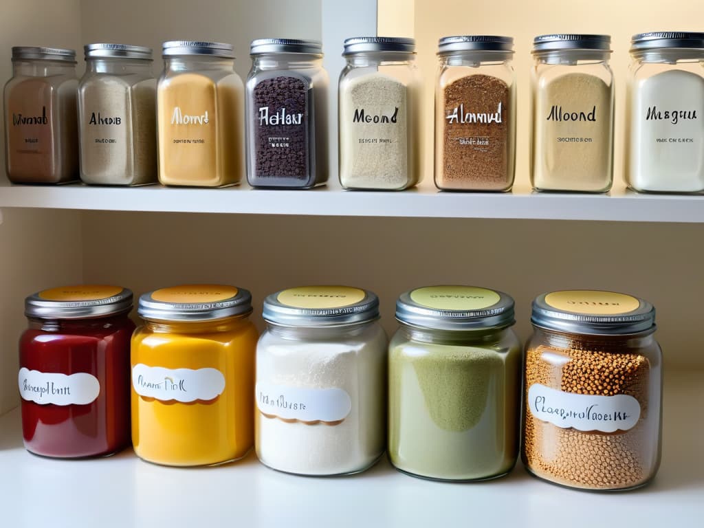  A highresolution, minimalist image of a assortment of colorful, nutrientrich alternative flours neatly arranged in glass jars on a light wooden tabletop. The variety of flours includes almond flour, coconut flour, quinoa flour, and buckwheat flour, each labeled with elegant calligraphy. The soft natural light filtering in from a nearby window casts a gentle, warm glow on the scene, creating a serene and inviting atmosphere for the viewer. hyperrealistic, full body, detailed clothing, highly detailed, cinematic lighting, stunningly beautiful, intricate, sharp focus, f/1. 8, 85mm, (centered image composition), (professionally color graded), ((bright soft diffused light)), volumetric fog, trending on instagram, trending on tumblr, HDR 4K, 8K