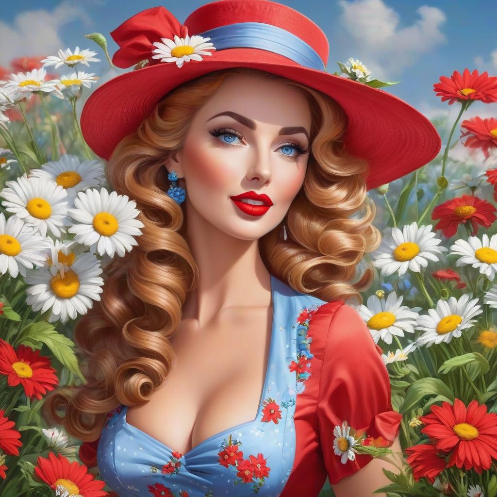  Very pretty with curls, blue eyes, red potted dress, dress. Red hat. All in pinup style. The has a cheerful look, in her hand a bouquet of field daisies. Brightly colored lipstick. Detailed elaboration, detailed drawing, careful and detailed elaboration of all parts of the masterpiece. It's like a living thing, realism. Dusty busy road. Soviet entourage. Alfonso Mucha, Honoré Fargonard. hyperrealistic, full body, detailed clothing, highly detailed, cinematic lighting, stunningly beautiful, intricate, sharp focus, f/1. 8, 85mm, (centered image composition), (professionally color graded), ((bright soft diffused light)), volumetric fog, trending on instagram, trending on tumblr, HDR 4K, 8K