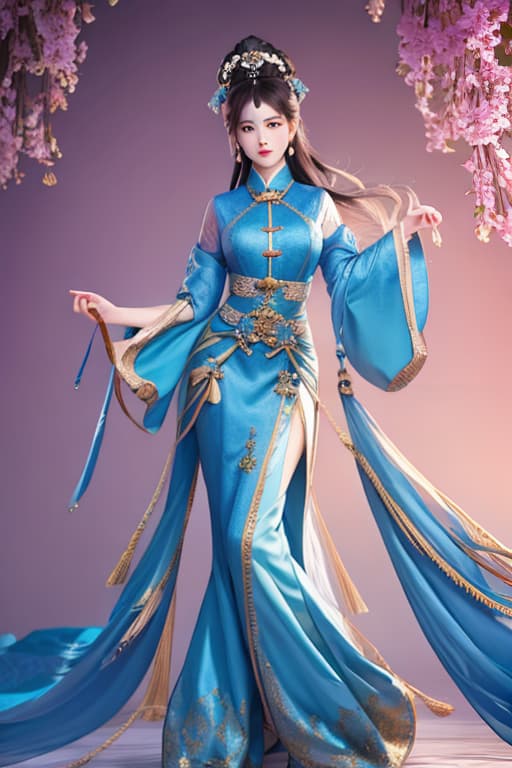  Tang Dynasty beauty, blue calico, q, IP image, three view, blue, full body portrait, vector illustration, hands at sides hyperrealistic, full body, detailed clothing, highly detailed, cinematic lighting, stunningly beautiful, intricate, sharp focus, f/1. 8, 85mm, (centered image composition), (professionally color graded), ((bright soft diffused light)), volumetric fog, trending on instagram, trending on tumblr, HDR 4K, 8K