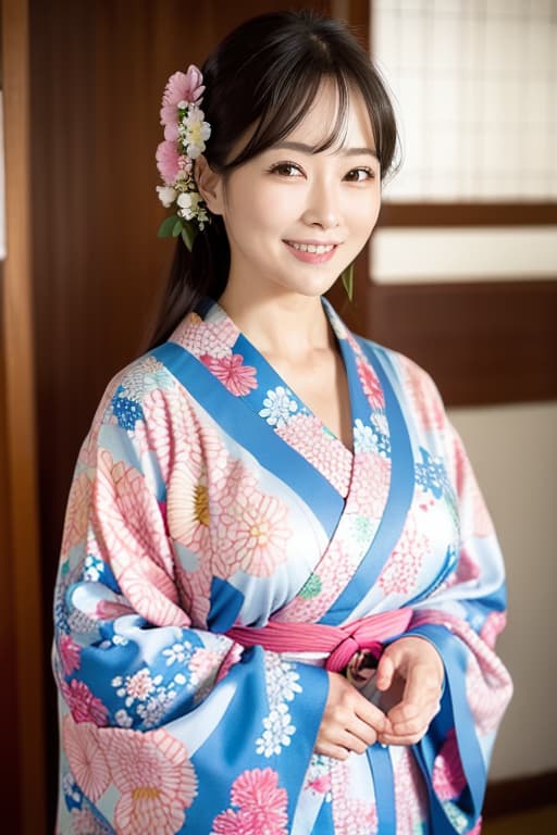  Anyway, the beautiful face of Japan's beautiful face with a beautiful laughing face Almost whole body image is the same kimono floral pattern, (Masterpiece, BestQuality:1.3), (ultra detailed:1.2), (hyperrealistic:1.3), (RAW photo:1.2),High detail RAW color photo, professional photograph, (Photorealistic:1.4), (realistic:1.4), ,professional lighting, (japanese), beautiful face, (realistic face)