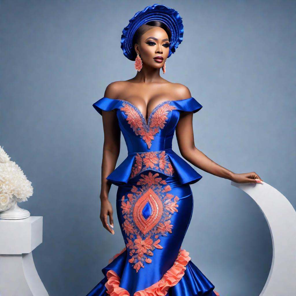  A beautiful aso ebi dress with a mixture of royal blue and coral colors, featuring frills, a long after dress, and bedazzled with crystalline embellishments. hyperrealistic, full body, detailed clothing, highly detailed, cinematic lighting, stunningly beautiful, intricate, sharp focus, f/1. 8, 85mm, (centered image composition), (professionally color graded), ((bright soft diffused light)), volumetric fog, trending on instagram, trending on tumblr, HDR 4K, 8K