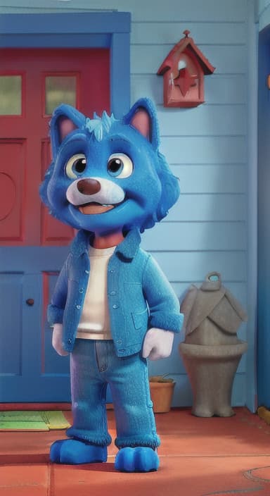  {Max the big blue dog standing in front of a cozy little house with a red door, The big blue dog is large with sky blue fur, big round eyes, a black nose, and floppy ears.