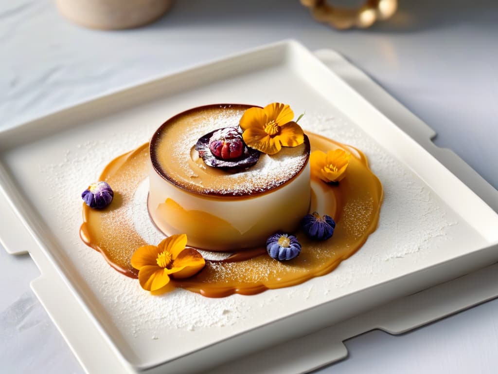  An 8k ultradetailed image of a beautifully plated dessert featuring a symphony of colors and textures, with intricate swirls of caramel, delicate edible flowers, shimmering gold leaf accents, and a dusting of powdered sugar on a sleek, white, minimalist plate. The dessert is set against a soft, blurred background to enhance its visual appeal and highlight the artistic presentation. hyperrealistic, full body, detailed clothing, highly detailed, cinematic lighting, stunningly beautiful, intricate, sharp focus, f/1. 8, 85mm, (centered image composition), (professionally color graded), ((bright soft diffused light)), volumetric fog, trending on instagram, trending on tumblr, HDR 4K, 8K