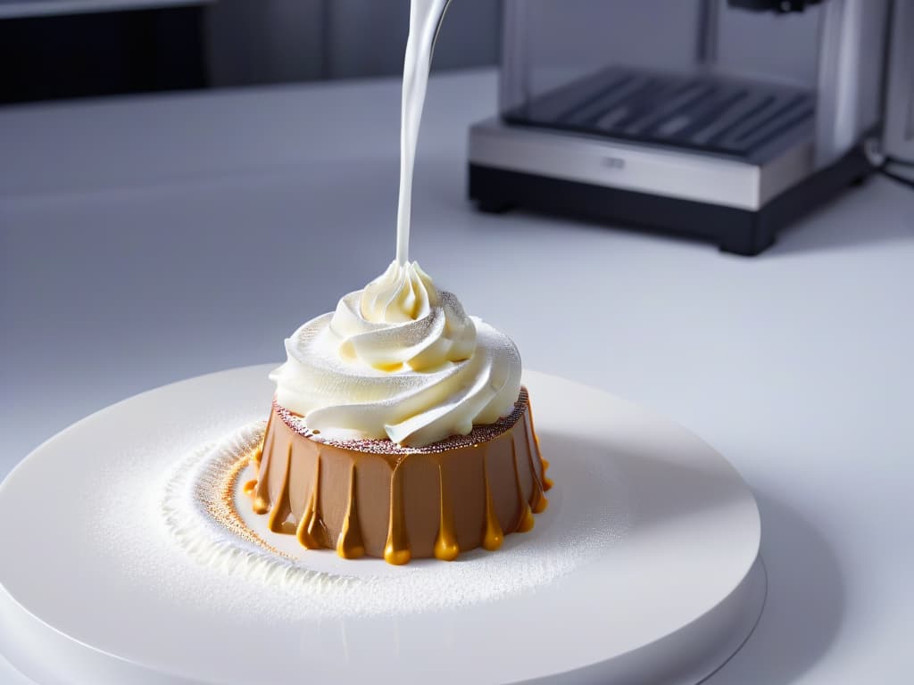  A closeup, ultradetailed image of a 3D printer nozzle delicately extruding a intricate, allergenfree dessert design in a sleek, modern kitchen setting. The focus is on the precision of the printing process, showcasing the intricate details of the dessert being created, with a soft ambient light illuminating the scene, emphasizing the elegance and innovation of allergensafe dessert creation through 3D printing technology. hyperrealistic, full body, detailed clothing, highly detailed, cinematic lighting, stunningly beautiful, intricate, sharp focus, f/1. 8, 85mm, (centered image composition), (professionally color graded), ((bright soft diffused light)), volumetric fog, trending on instagram, trending on tumblr, HDR 4K, 8K