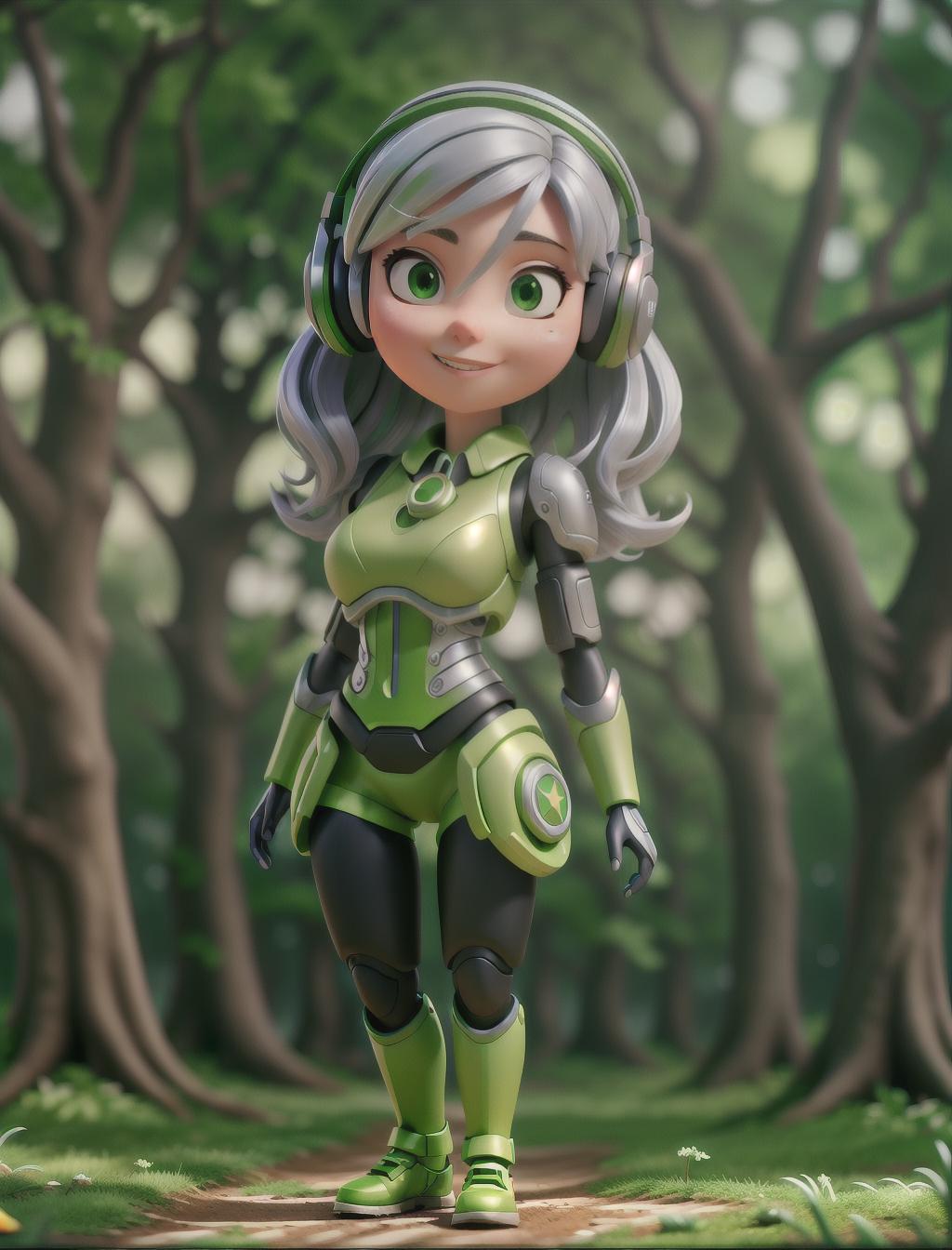  a cute cyborg girl with silver hair standing in a green forest, Dynamic Background, Vibrant Color, wearing a headset, enjoying music hyperrealistic, full body, detailed clothing, highly detailed, cinematic lighting, stunningly beautiful, intricate, sharp focus, f/1. 8, 85mm, (centered image composition), (professionally color graded), ((bright soft diffused light)), volumetric fog, trending on instagram, trending on tumblr, HDR 4K, 8K